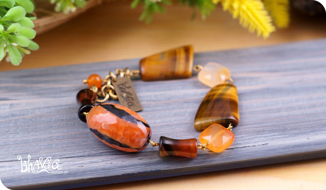 bhavaa Premium Gemstone Jewelry- Bracelet. Rustic Elegance Collection, Mark-1 | Gemstones: Orange Carnelian Faceted, Orange Crab Agate Faceted, Orange Jade, Brown Tigereye, Brown Agate