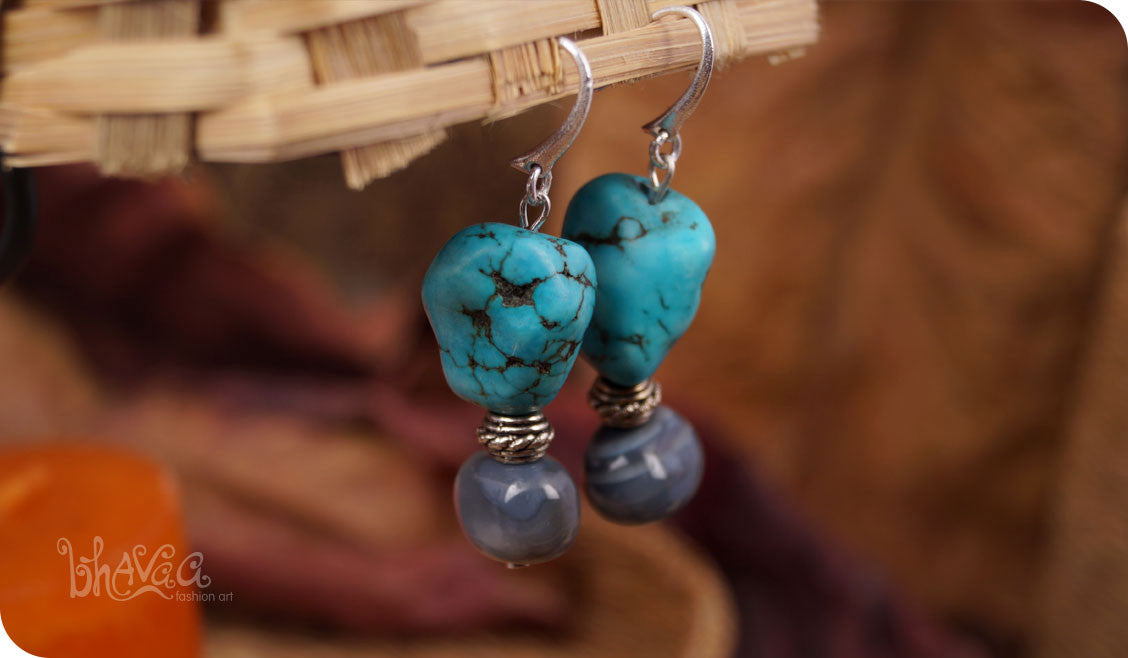 bhavaa Premium Gemstone Jewelry- Earrings. Vivacious Charm Collection, Mark-2 | Gemstones: Grey Botswana Agate (rare), Blue Turquoise