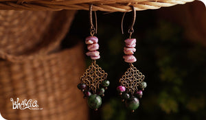 bhavaa Premium Gemstone Jewelry- Earrings. Soothing Vibrancy Collection, Mark-1 | Gemstones: Green Nephrite Jade Faceted, Purple Mother of Pearl, Ruby Zoisite Faceted