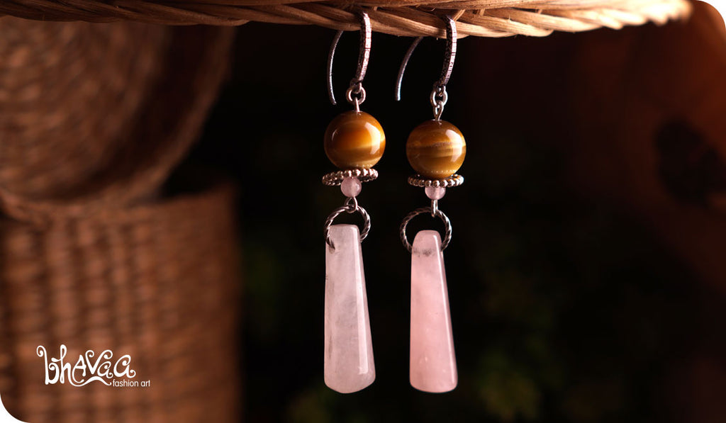 bhavaa Premium Gemstone Jewelry- Earrings. Vivacious Charm Collection, Mark-2 | Gemstones: Pink Rose Quartz, Yellow Tiger Eye, Pink Quartz 