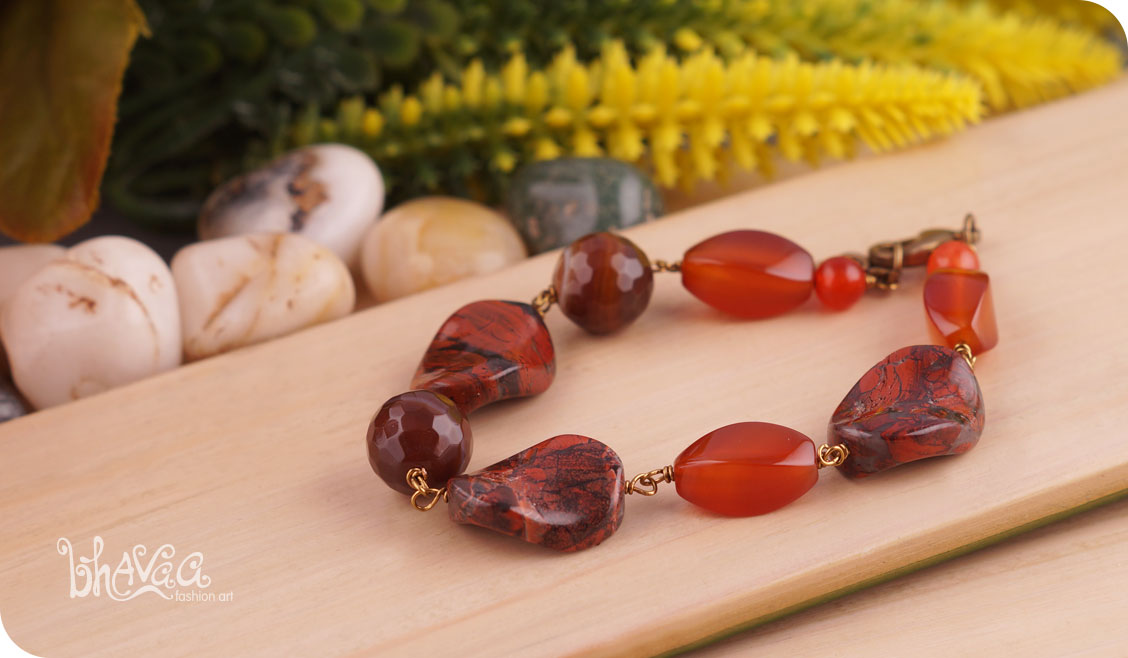 bhavaa Premium Gemstone Jewelry- Bracelet. Rustic Elegance Collection, Mark-1 | Gemstones: Orange Jade, Orange Agate, Brown Morgan Hill Jasper, Orange Agate Faceted