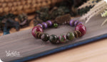 Load image into Gallery viewer, bhavaa Premium Gemstone Jewelry- Bracelet. Soothing Vibrancy Collection, Mark-1 | Gemstones: Green Jade Faceted, Green Emerald, Purple Russian Amethyst Faceted (rare)
