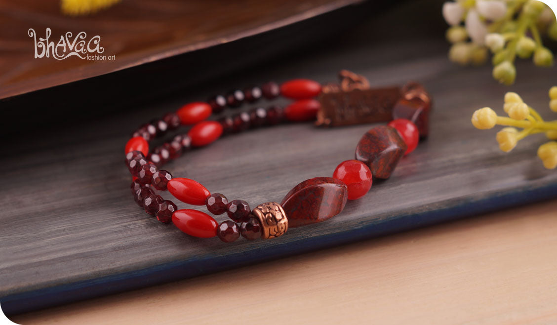 bhavaa Premium Gemstone Jewelry- Bracelet. Coy Radiance Collection, Mark-1 | Gemstones: Red Garnet, Jade Faceted, Red Coral, Morgan Hill Jasper