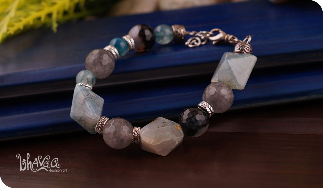 bhavaa Premium Gemstone Jewelry- Bracelet. Serene Indulgence Collection, Mark-2 | Gemstones: Blue Agate, Onyx Agate, Grey Cloudy Quartz Faceted, Grey Rutileted Quartz Faceted