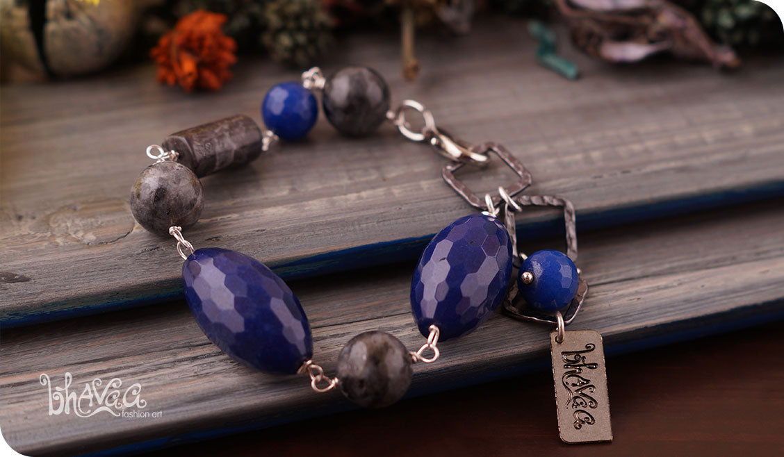 bhavaa Premium Gemstone Jewelry- Bracelet. Serene Indulgence Collection, Mark-1 | Gemstones: Blue Agate Faceted, Blue Sapphire Faceted, Grey Larvikite