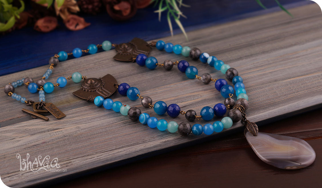 bhavaa Premium Gemstone Jewelry- Necklace. Serene Indulgence Collection, Mark-1 | Gemstones: Grey Onyx Agate, Larvikite, Blue Larimar Jade, Blue Onyx Agate, Jade, Blue South American Topaz, Blue Brazilian Aquamarine, Blue Jade, Agate Faceted