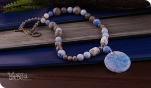 bhavaa Premium Gemstone Jewelry- Necklace. Serene Indulgence Collection, Mark-1 | Gemstones: Grey Map Jasper, Grey Crab Fire Crackle Agate Faceted, Blue Crab Fire Crackle Agate Faceted, Blue Jade Faceted, Blue Fire Crackle Agate