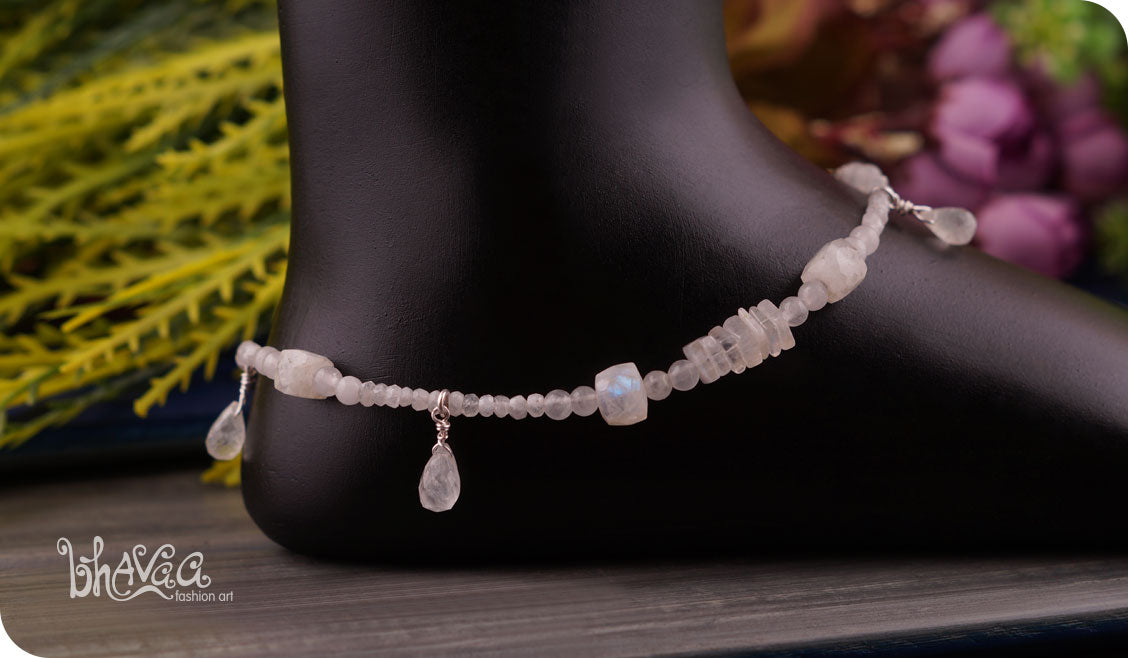 bhavaa Premium Gemstone Jewelry- Anklet. Subtle Luster Collection, Mark-1 | Gemstones: Moonstone, Moonstone Faceted, White Jade, Rainbow Moonstone Faceted