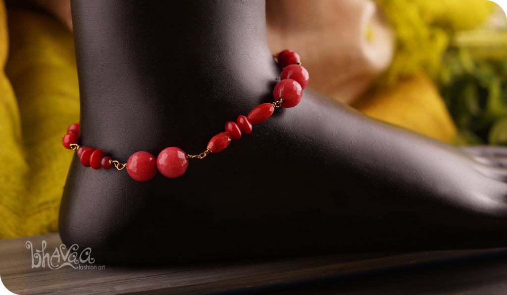 bhavaa Premium Gemstone Jewelry- Anklet. Coy Radiance Collection, Mark-1 | Gemstones: Red Coral Faceted, Red Coral, Red Jade, Red Ruby Faceted