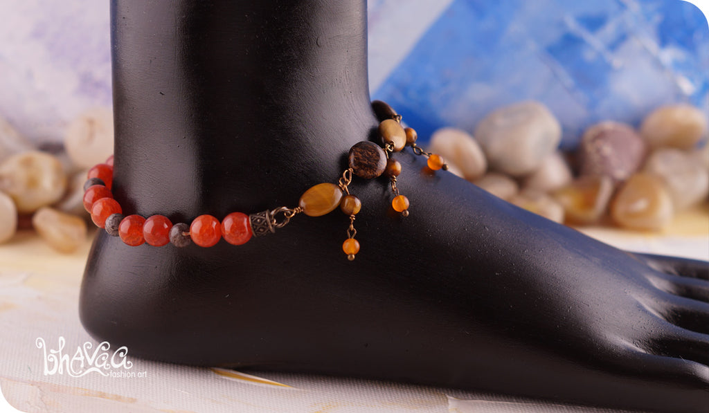 bhavaa Premium Gemstone Jewelry- Anklet. Rustic Elegance Collection, Mark-1 | Gemstones: Tiger Eye, Fire Crackle Agate, Orange Jade, Bronzite, Howlite Turquoise