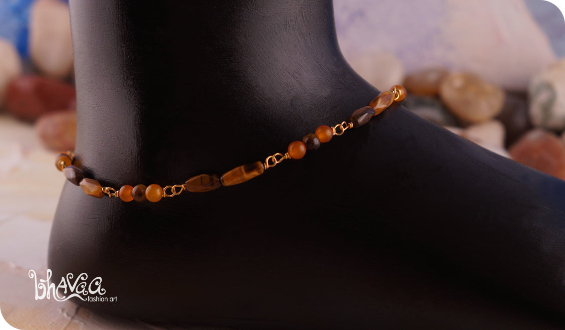 bhavaa Premium Gemstone Jewelry- Anklet. Rustic Elegance Collection, Mark-1 | Gemstones: Tiger Eye, Orange Jade