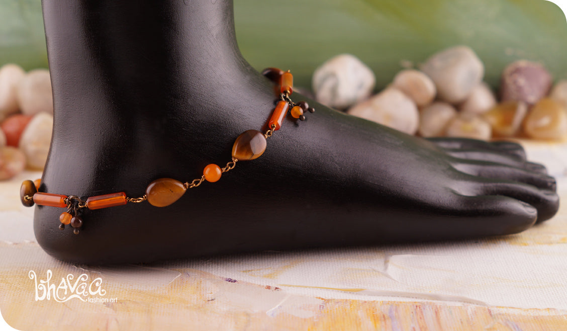 bhavaa Premium Gemstone Jewelry- Anklet. Rustic Elegance Collection, Mark-1 | Gemstones: Mother of Pearl, Tiger Eye, Orange Jade