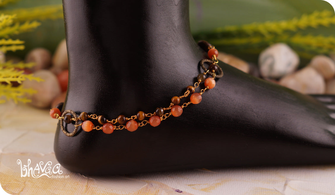 bhavaa Premium Gemstone Jewelry- Anklet. Rustic Elegance Collection, Mark-1 | Gemstones: Orange Cat's Eye Faceted, Tiger Eye, Bronzite