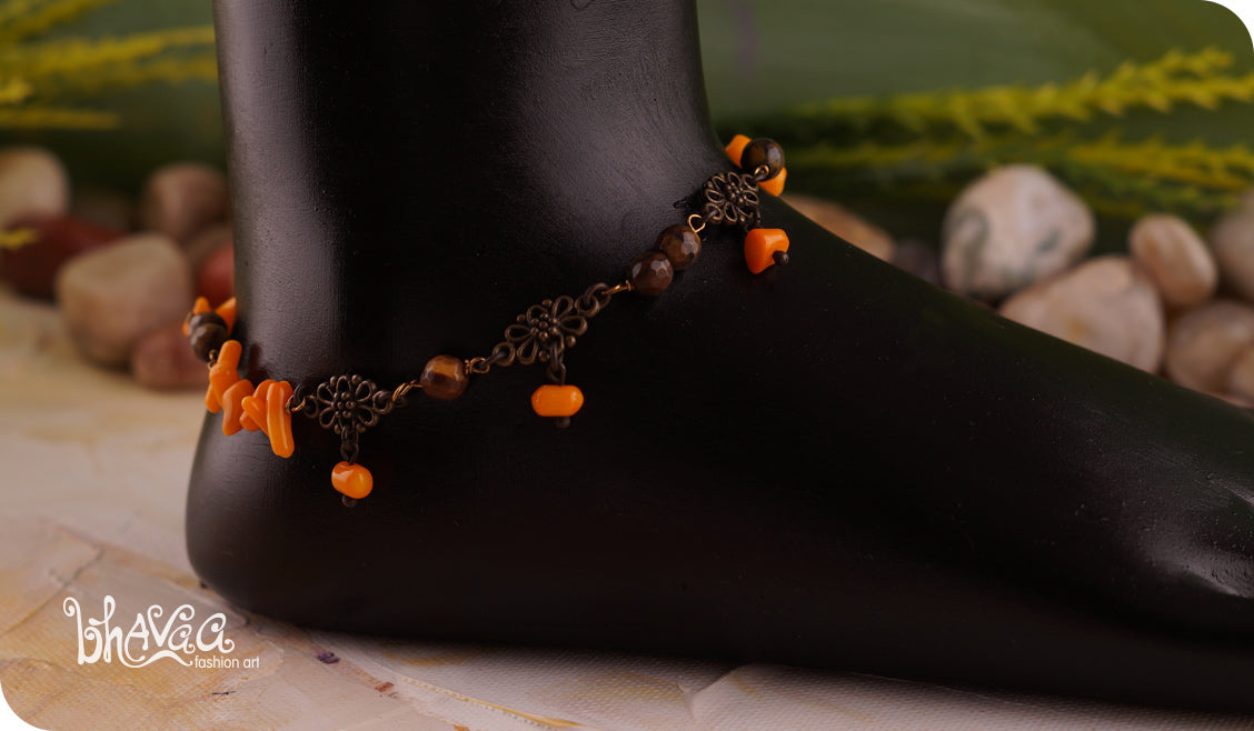 bhavaa Premium Gemstone Jewelry- Anklet. Rustic Elegance Collection, Mark-2 | Gemstones: Orange Coral, Tiger Eye Faceted