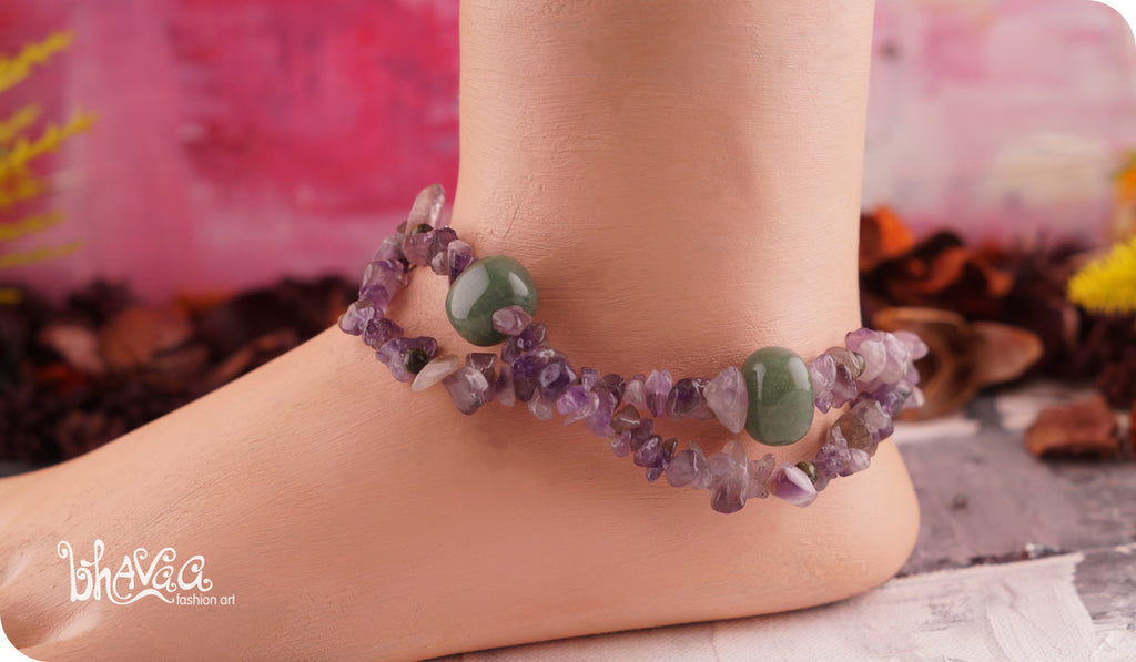 bhavaa Premium Gemstone Jewelry- Anklet. Soothing Vibrancy Collection, Mark-1 | Gemstones: Green Agate, Green Serpentine, Amethyst