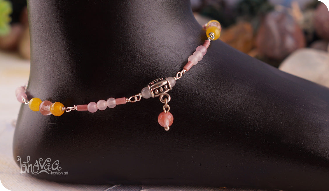 bhavaa Premium Gemstone Jewelry- Anklet. Vivacious Charm Collection, Mark-1 | Gemstones: Cherry Quartz Faceted, Pink Quartz, Yellow Jade Faceted, Rhodonite