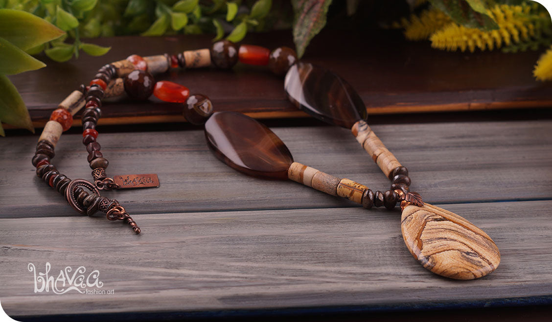 bhavaa Premium Gemstone Jewelry- Necklace. Rustic Elegance Collection, Mark-1 | Gemstones: Brown Picture Jasper, Brown Agate Faceted, Banded Agate, Brown Picture Jasper, Brown Bronzite, Carnelian, Agate, Orange Crab Fire Crackle Agate