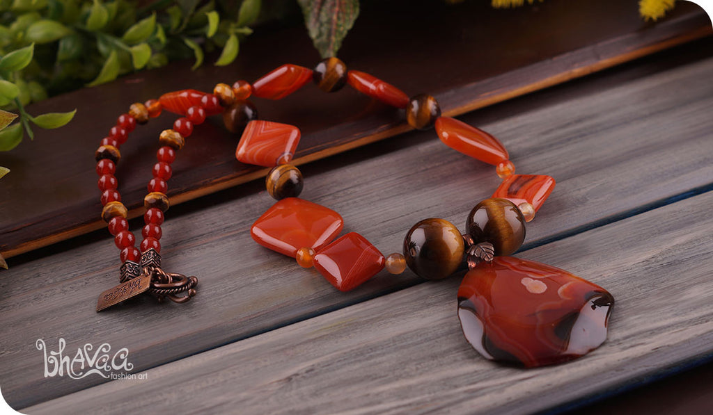 bhavaa Premium Gemstone Jewelry- Necklace. Rustic Elegance Collection, Mark-1 | Gemstones: Brown Onyx Agate, Tiger Eye, Carnelian Faceted, Brown Agate