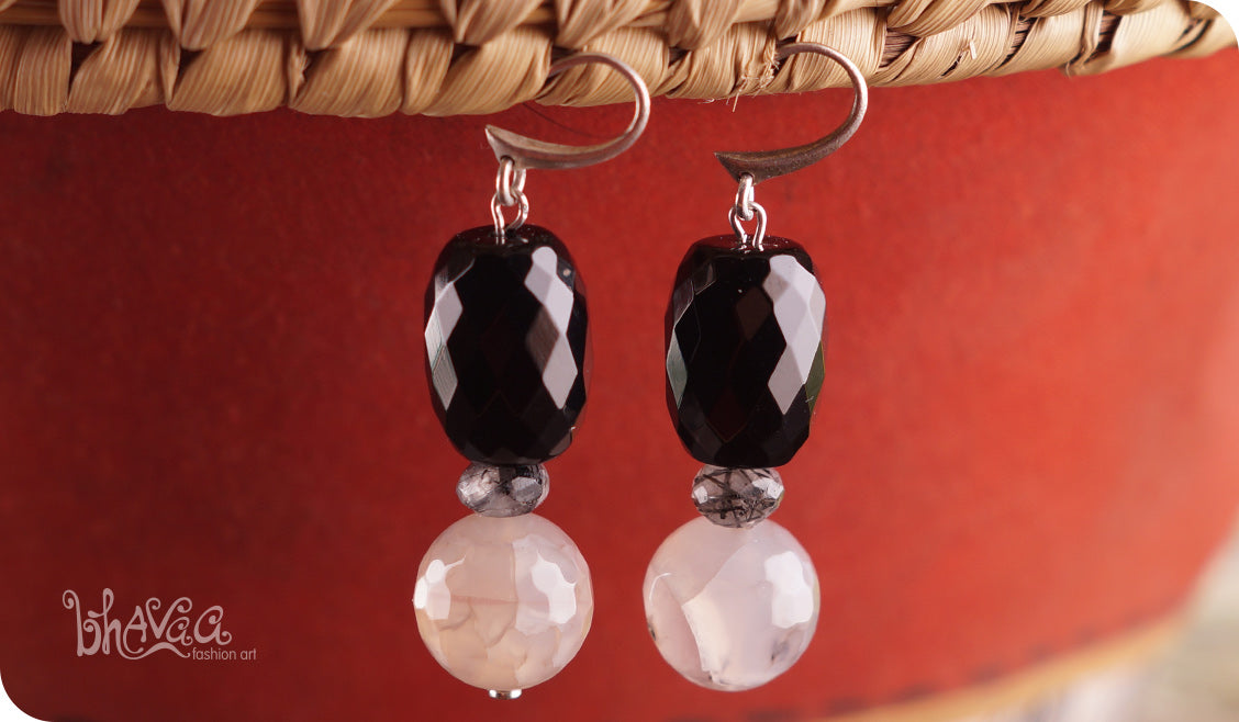 bhavaa Premium Gemstone Jewelry- Earrings. Innate Poise Collection, Mark-1 | Gemstones: Black Agate Faceted, Grey Fire Crackle Agate Faceted, Grey Tourmalinated Quartz Faceted