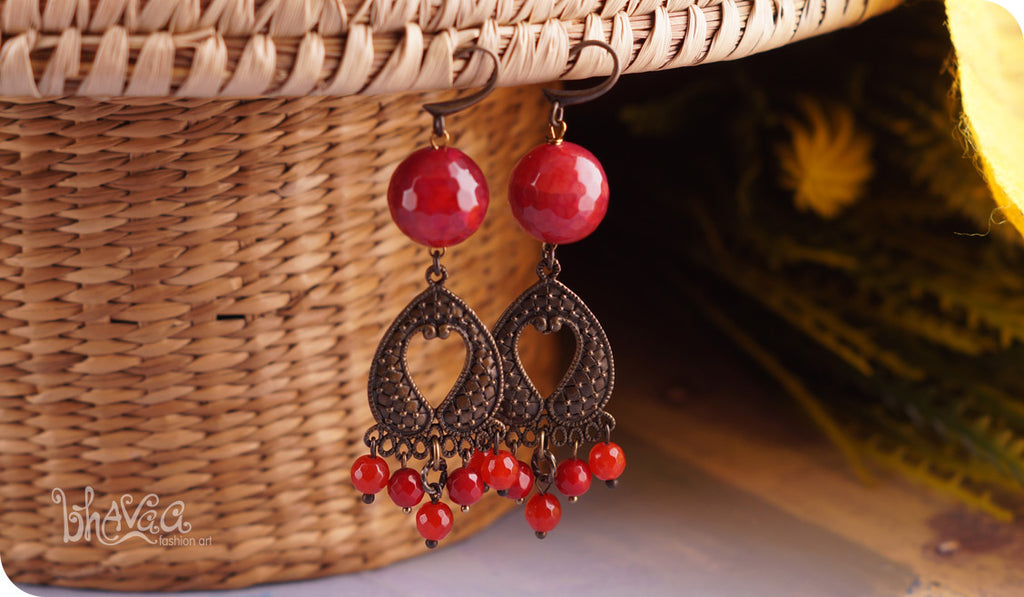 bhavaa Premium Gemstone Jewelry- Earrings. Coy Radiance Collection, Mark-1 | Gemstones: Red Fire Crackle Agate Faceted, Red Jade Faceted, Red Coral Faceted