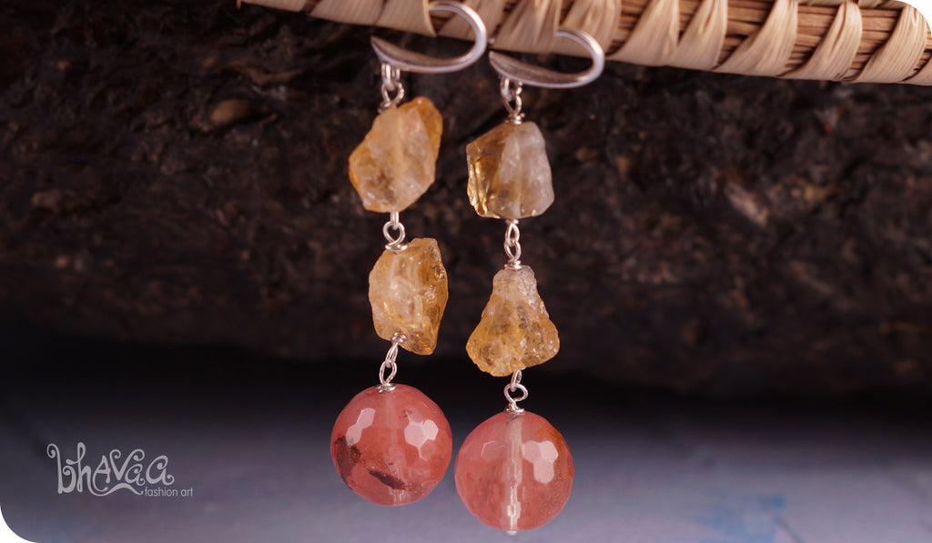 bhavaa Premium Gemstone Jewelry- Earrings. Vivacious Charm Collection, Mark-1 | Gemstones: Cherry Creek Quartz Faceted, Citrine Rough