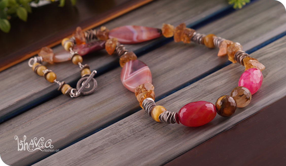 bhavaa Premium Gemstone Jewelry- Necklace. Vivacious Charm Collection, Mark-1 | Gemstones: Pink Banded Agate, Pink Agate Faceted, Cherry Quartz Faceted, Tiger Eye, Citrine