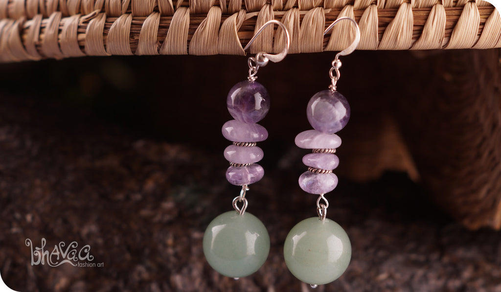 bhavaa Premium Gemstone Jewelry- Earrings. Soothing Vibrancy Collection, Mark-1 | Gemstones: Aventurine, Amethyst