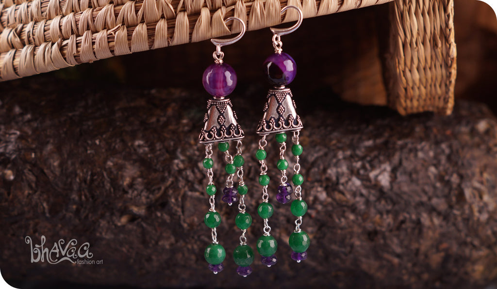 bhavaa Premium Gemstone Jewelry- Earrings. Soothing Vibrancy Collection, Mark-1 | Gemstones: Purple Banded Agate Faceted, Amethyst Faceted, Green Jade Faceted