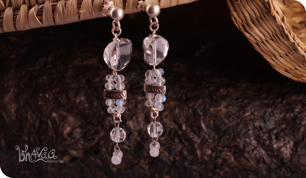 bhavaa Premium Gemstone Jewelry- Earrings. Subtle Lustre Collection, Mark-1 | Gemstones: White Rock Quartz, White Rainbow Moonstone, White Crystal Faceted, White Moonstone Faceted