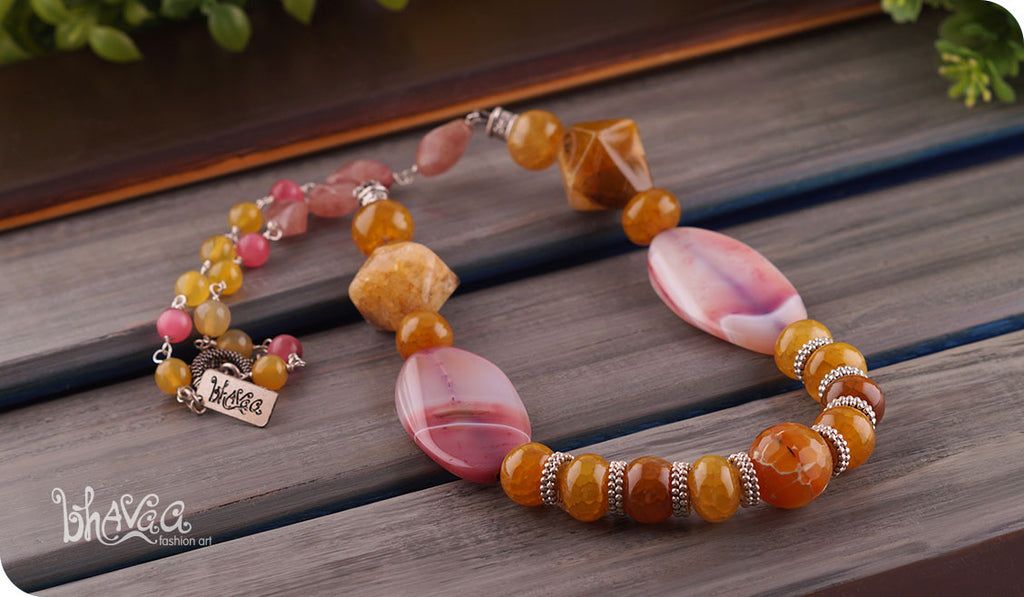 bhavaa Premium Gemstone Jewelry- Necklace. Vivacious Charm Collection, Mark-1 | Gemstones: Pink Strawberry Quartz, Pink Banded Agate, Yellow Fire Crackle Agate, Yellow Crab Agate Faceted, Yellow Onyx Agate Faceted, Yellow Agate, Pink Jade