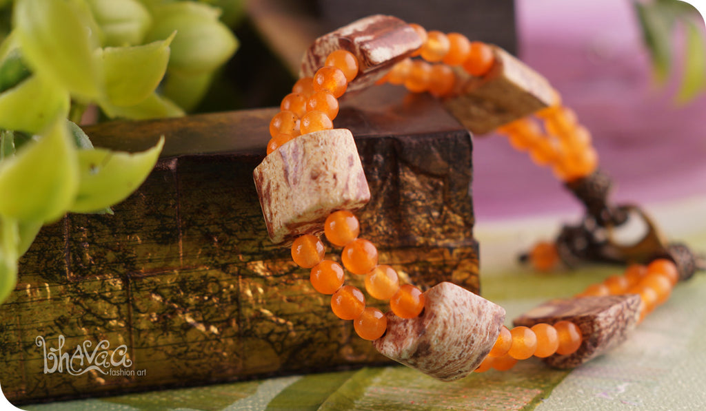 bhavaa Premium Gemstone Jewelry- Bracelet. Rustic Elegance Collection, Mark-1 | Gemstones: Brown Rainbow Jasper, Orange Jade 