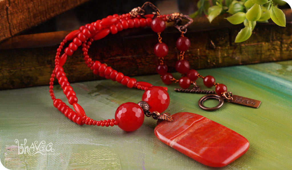 bhavaa Premium Gemstone Jewelry- Necklace. Coy Radiance Collection, Mark-1 | Gemstones: Red Dragon Veins Agate, Red Jade Faceted, Red Coral, Ruby Faceted