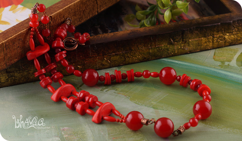 bhavaa Premium Gemstone Jewelry- Necklace. Coy Radiance Collection, Mark-1 | Gemstones: Red Turquoise, Red Jade, Red Coral, Red Coral Faceted, Red Jade Faceted