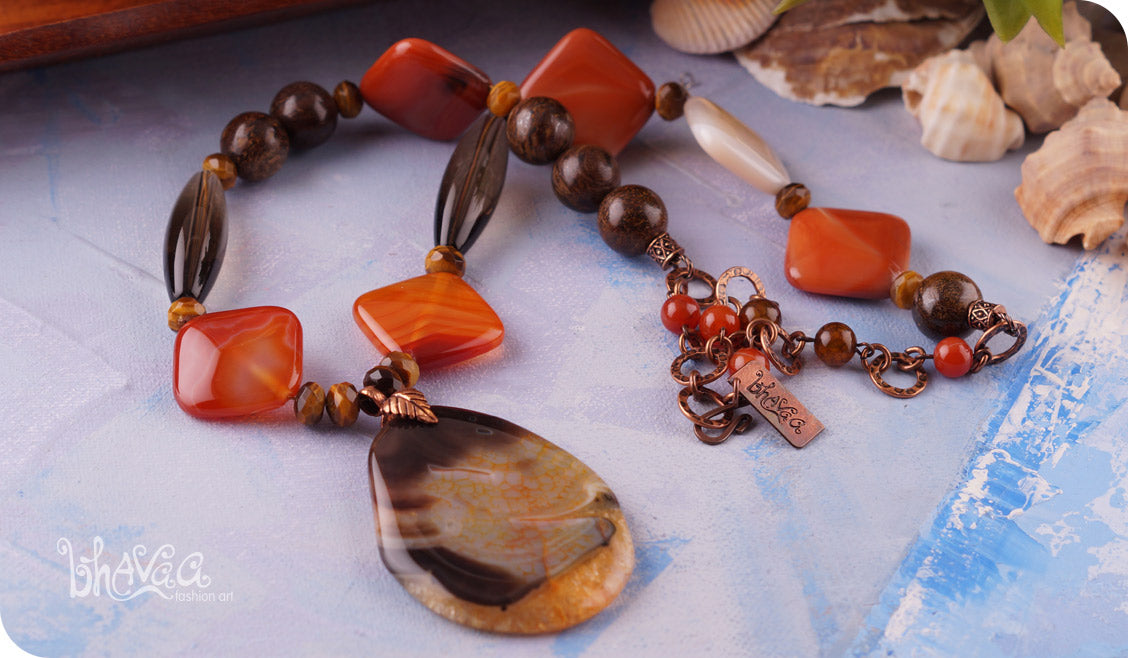 bhavaa Premium Gemstone Jewelry- Necklace. Rustic Elegance Collection, Mark-1 | Gemstones: Brown Druzy Geode Agate, Brown Smoky Quartz, Brown Dragon Veins Agate, Brown Snowflake Jasper, Brown Yellow Tiger Eye, Carnelian, Agate