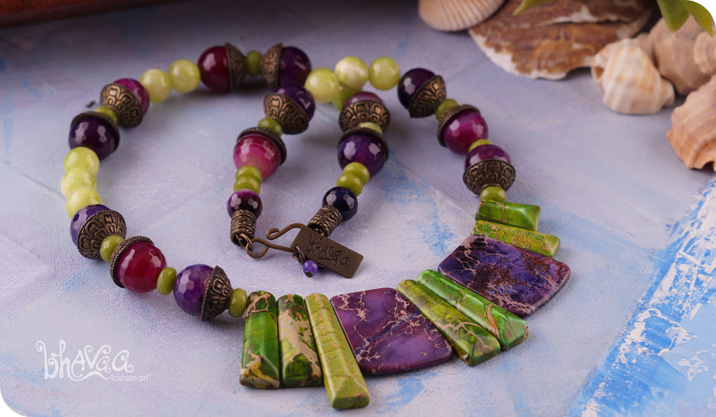 bhavaa Premium Gemstone Jewelry- Necklace. Soothing Vibrancy Collection, Mark-1 | Gemstones: Purple Picasso Jasper, Purple Banded Agate Faceted, Green Sea Sediment Jasper, Green Jade, Green Jade Faceted