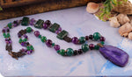 Load image into Gallery viewer, bhavaa Premium Gemstone Jewelry- Necklace. Soothing Vibrancy Collection, Mark-1 | Gemstones: Purple Druzy Agate, Green Dragon Veins Agate, Green Jade Faceted, Green Onyx Agate Faceted, Purple Onyx Agate Faceted, Purple Stripe Agate Faceted, Purple Agate Faceted, Purple Agate, Amethyst Faceted
