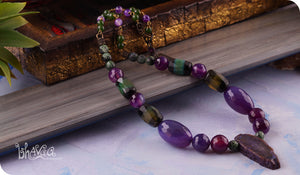 bhavaa Premium Gemstone Jewelry- Necklace. Soothing Vibrancy Collection, Mark-1 | Gemstones: Purple Dragon Veins Agate, Purple Banded Agate Faceted, Green-Black Agate Faceted, Green Zoisite Faceted, Green Aventurine, Purple Banded Agate