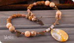 Load image into Gallery viewer, bhavaa Premium Gemstone Jewelry- Necklace. Rustic Elegance Collection, Mark-1 | Gemstones: Orange Crab Fire Crackle Agate, Orange Fire Crackle Agate, Brown Tigerskin Jasper, Brown Bruneau Jasper, Pink Sunstone Faceted, Orange Agate Faceted, Brown Malachite
