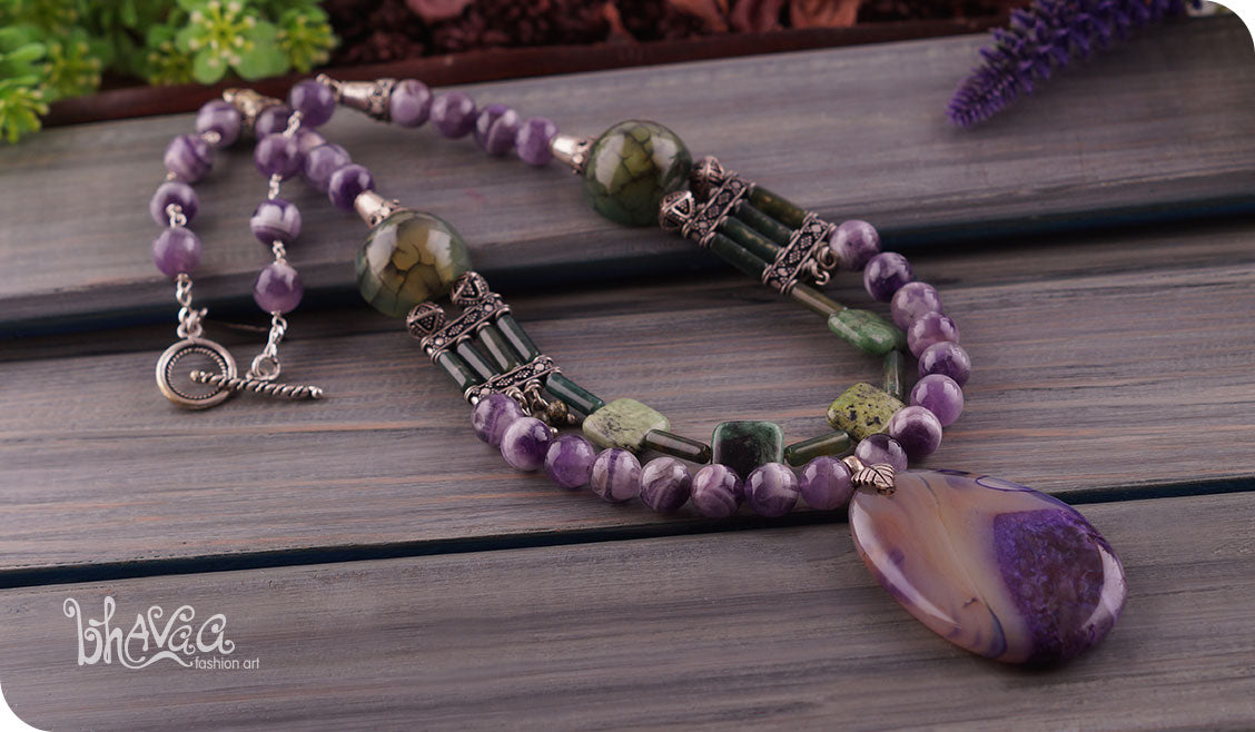 bhavaa Premium Gemstone Jewelry- Necklace. Soothing Vibrancy Collection, Mark-1 | Gemstones: Moss Agate, Green Snowflake Jasper, Green Zoisite, Dragon Veins Agate, Purple Druzy Geode Agate, Amethyst